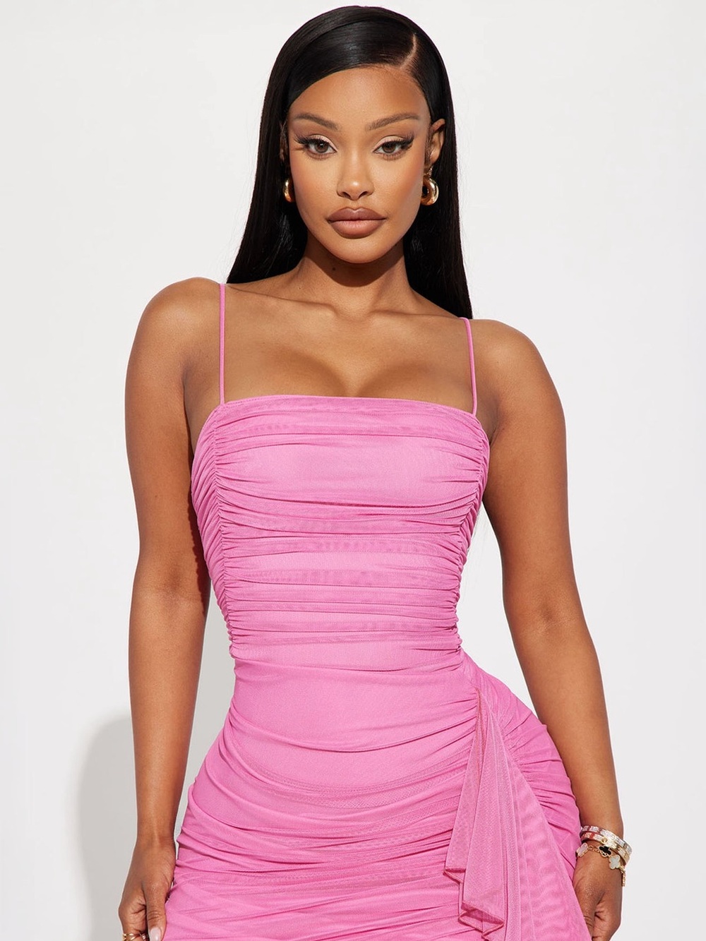 Pink Ruched Midi Dress